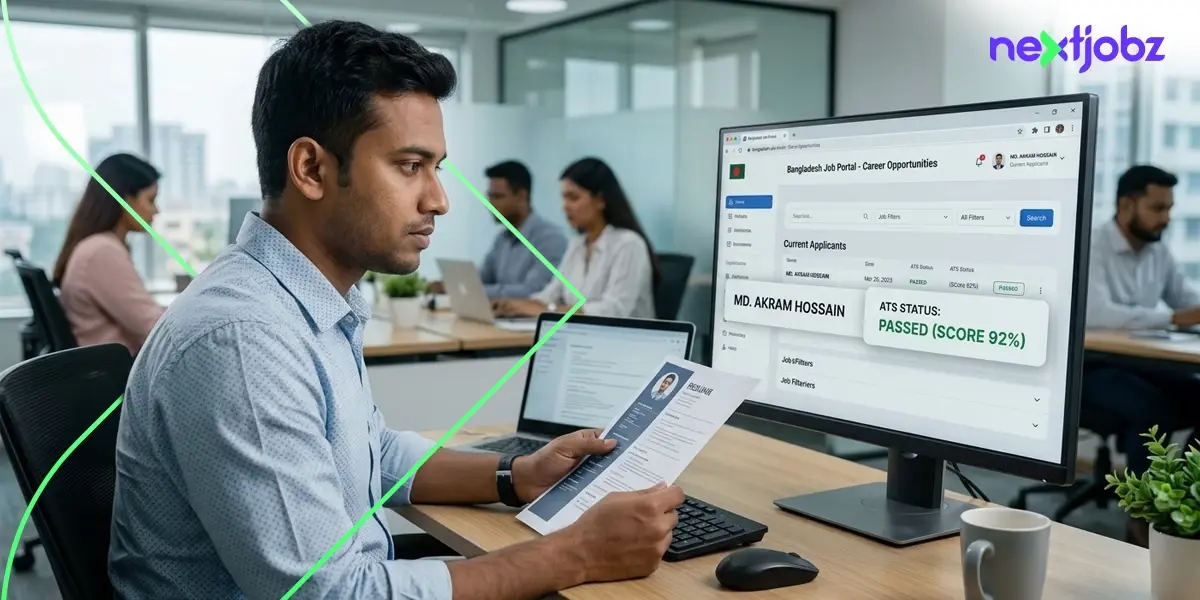 Bangladeshi job seeker reviewing ATS-friendly CV with ATS status showing PASSED score 92% on Bangladesh job portal