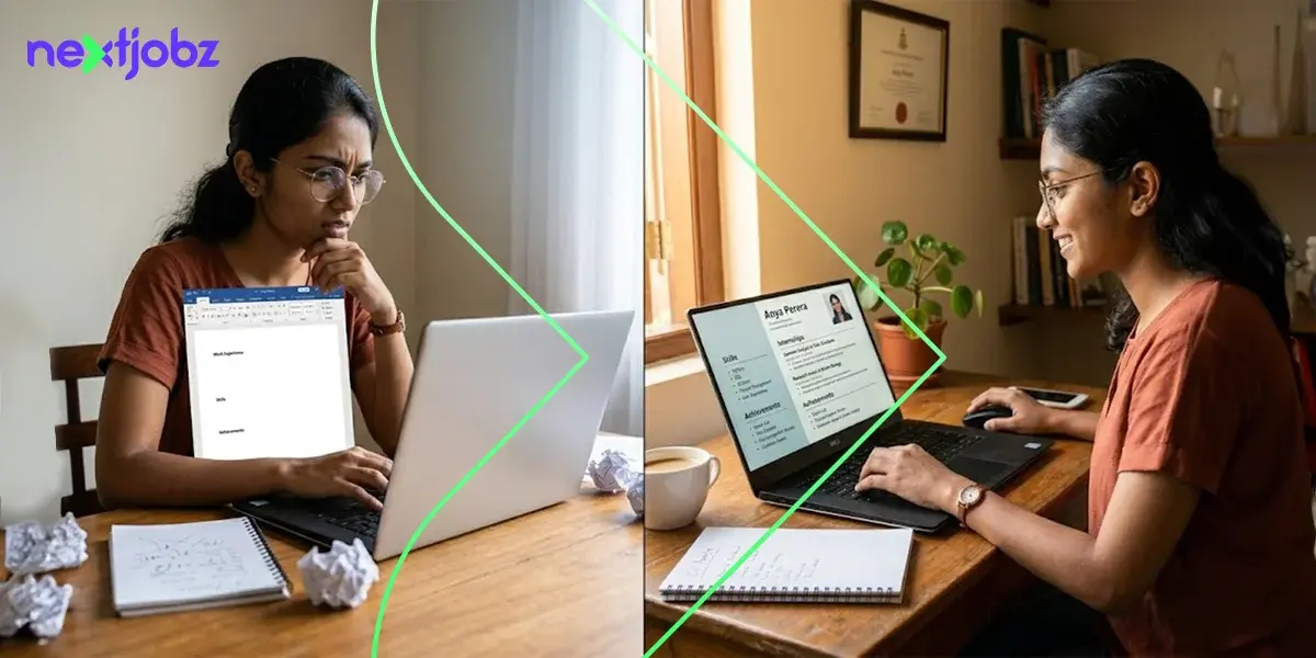 cv with no experience in Bangladesh example showing fresher struggling and improved professional CV on laptop
