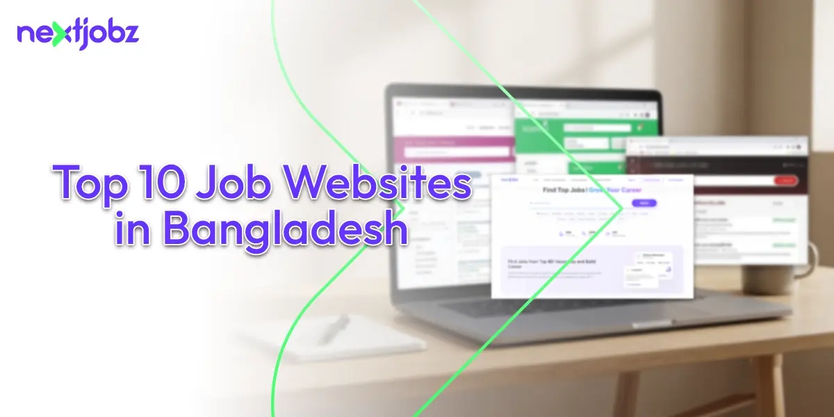 Top 10 job websites in Bangladesh including NextJobz, Bdjobs, and LinkedIn shown on laptop screen for job seekers