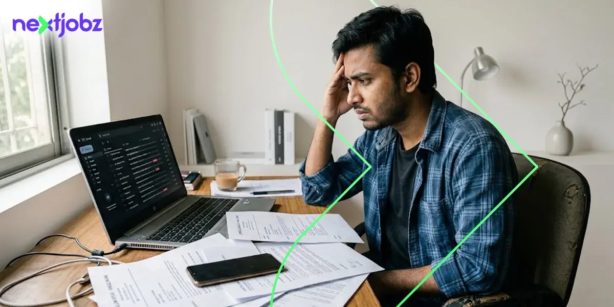 Frustrated job seeker reviewing CV after no interview calls in Bangladesh due to ATS rejection and poor CV optimization