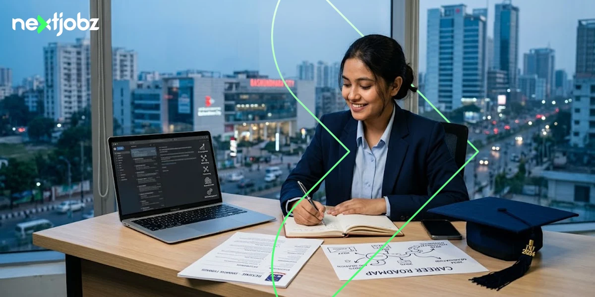 A woman in business attire sits at a desk with a laptop, papers, and a graduation cap, writing in a notebook titled "Career Roadmap for Fresh Graduates," with city buildings visible through the window.