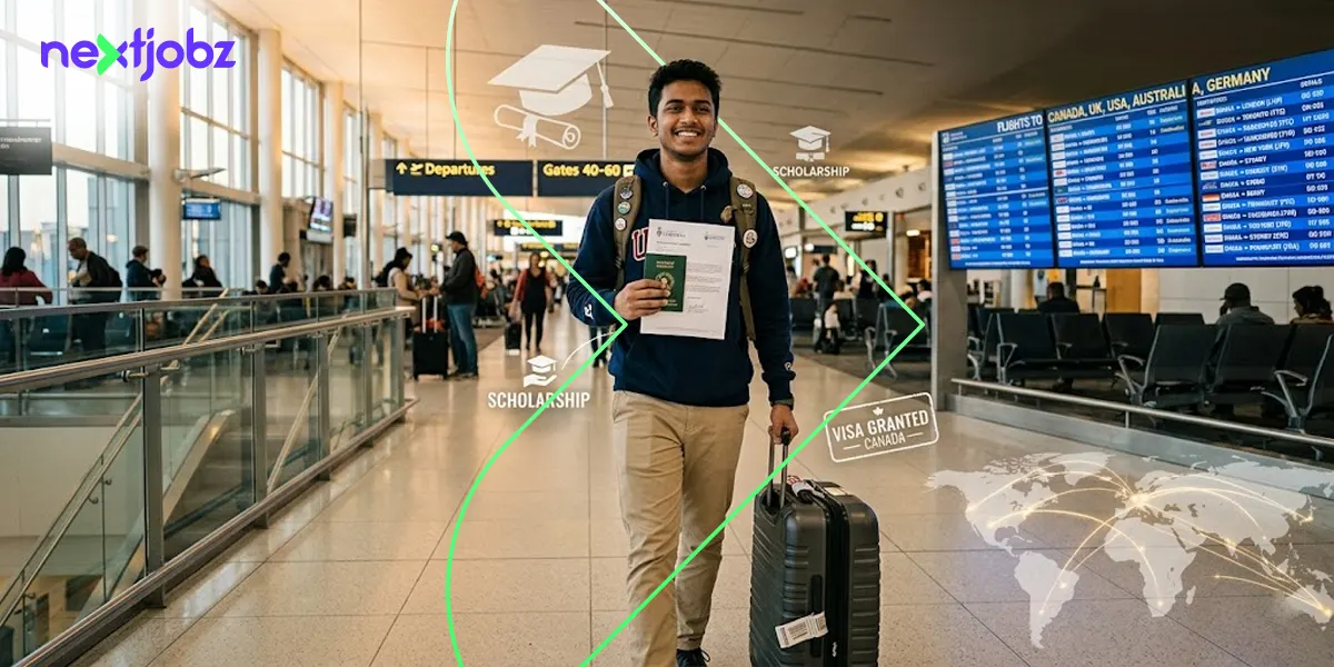 Study Abroad Guide for Bangladeshi students preparing for international university admission and scholarships at the airport