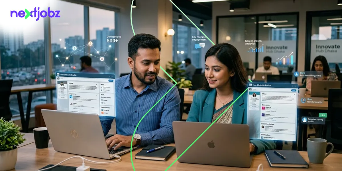 Two professionals in Dhaka working on laptops learning how to build a LinkedIn profile