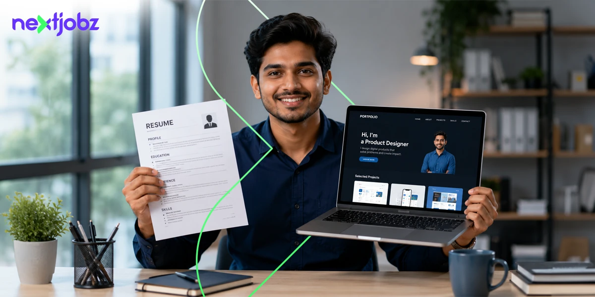 Portfolio vs Resume comparison showing a job seeker holding a resume and a digital portfolio to demonstrate professional value
