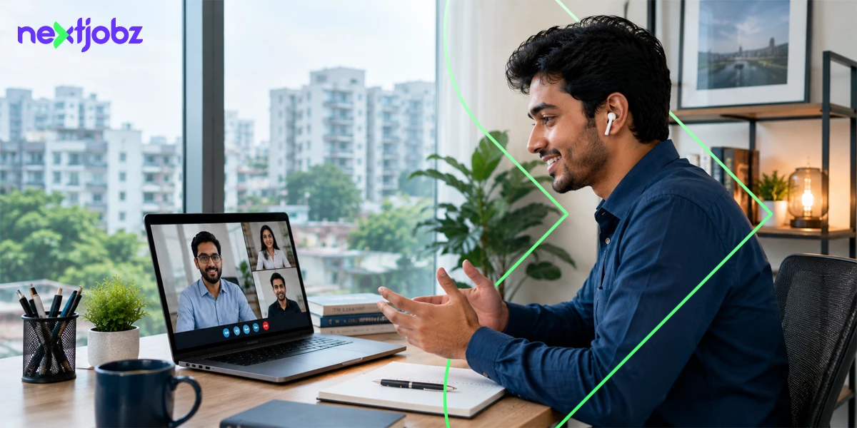 Man giving video interview tips while on a Zoom call with his team on laptop